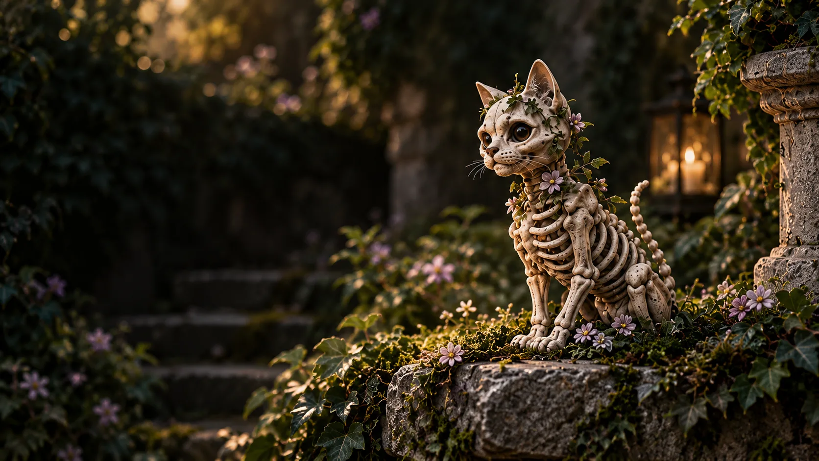 Concept artwork of Fang, a skeletal kitten sculpture in an enchanted garden